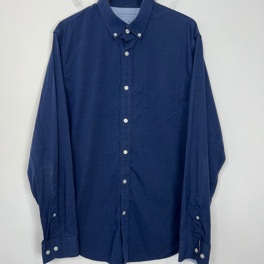 Banana Republic Luxe Stretch Poplin Grant Slim Fit Button Down Shirt Navy Mens M